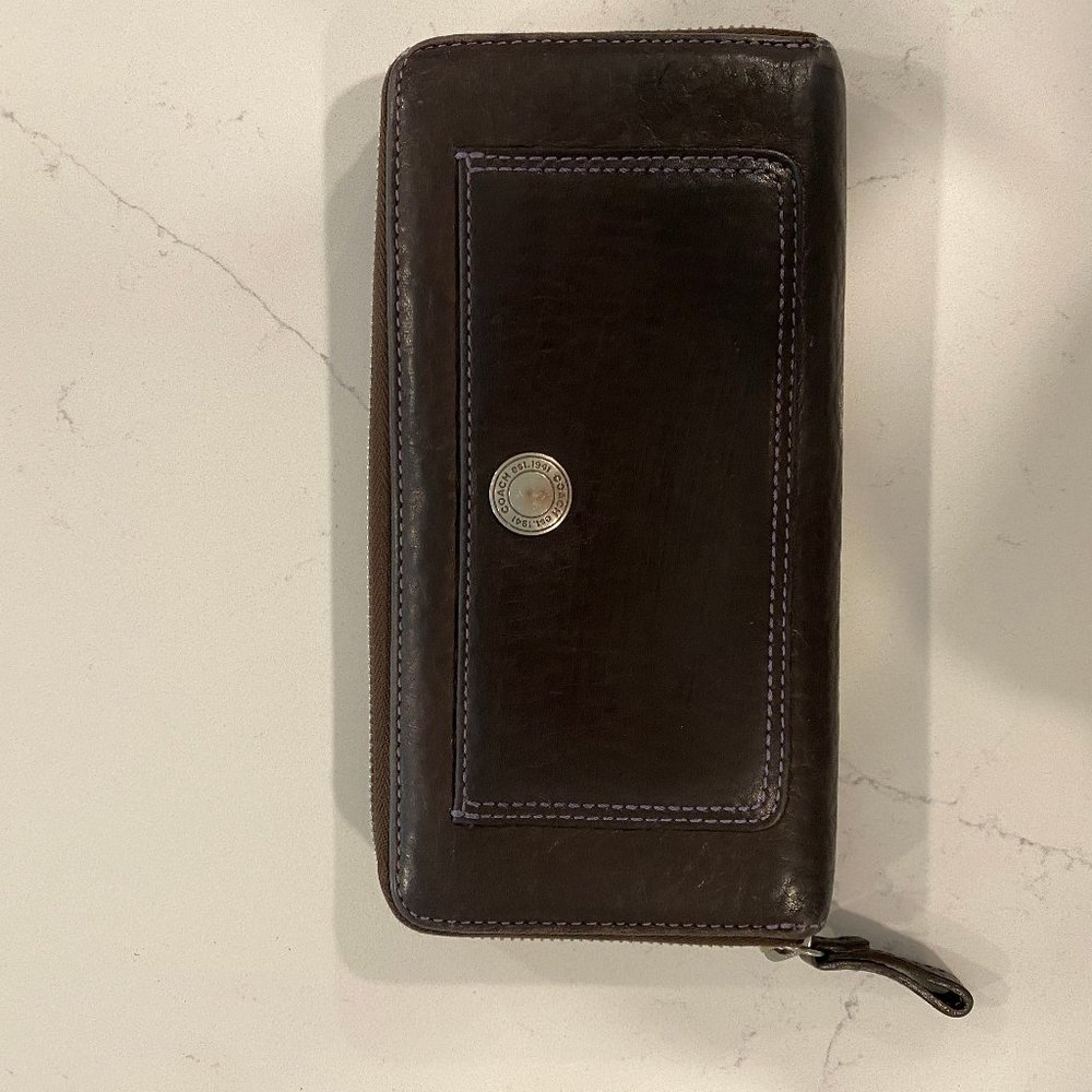 COACH Dark Brown Pebble Leather Accordian Zip Wallet